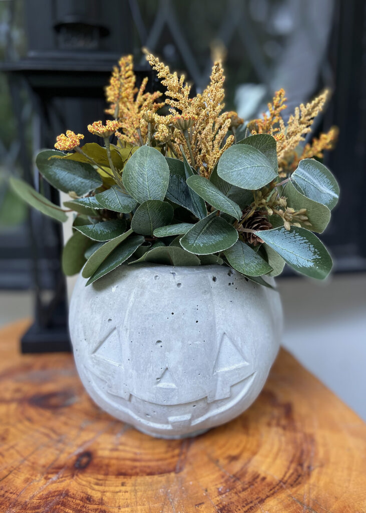 Faux Flower Concrete Pumpkin Planter