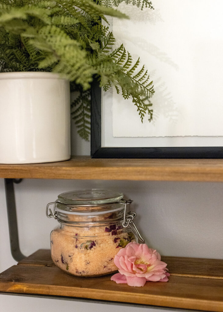 Homemade Rose Bath Salt on Bathroom Shelf