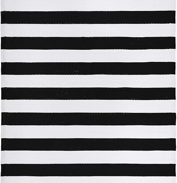 Black & White Striped Plastic Outdoor Layering Rug